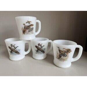 Vtg 4 Fire King Game Birds Coffee Mugs Milk Glass 2 Canada Goose, Grouse, Duck